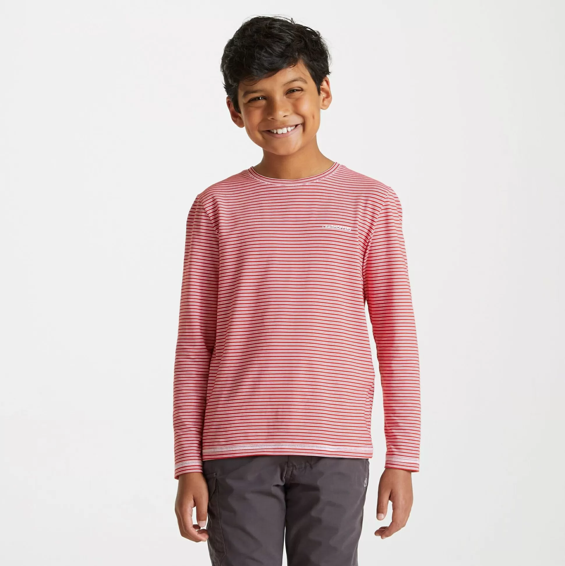 Craghoppers Kid'S Nosilife Jago Long Sleeved T-Shirt - Pompeian Red Stripe<Kids Long Sleeve