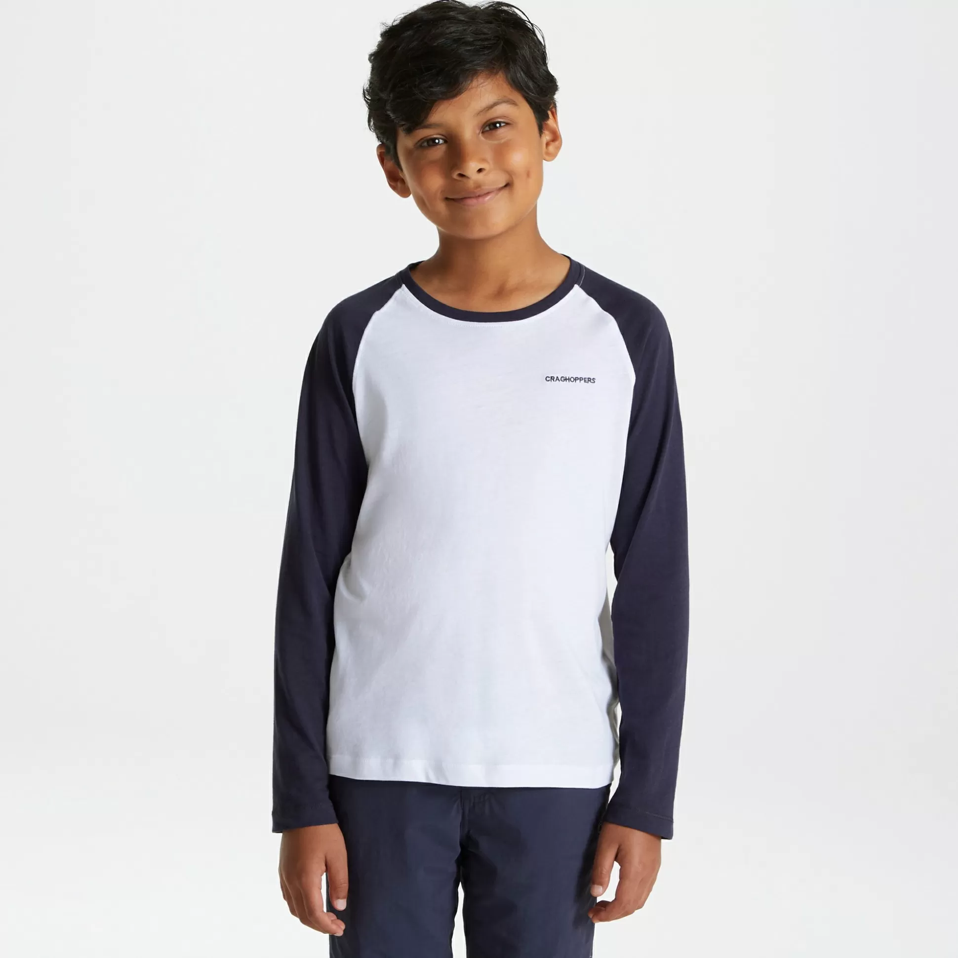 Craghoppers Nosibotanical Abbott Long Sleeved T-Shirt - Optic White / Blue Navy<Kids Long Sleeve